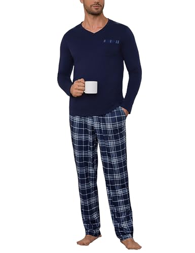 Litherday Schlafanzug Herren Lang Baumwolle Schlafanzüge für Herren Winter Langarm mit Schlafanzughose Zweiteilige von Litherday