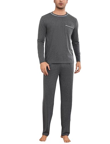 Litherday Schlafanzug Herren Lang Baumwolle Winter Pyjama Herren Zweiteiliger Langarm Shirt und Pyjamahose mit Tasche Nachtwäsche Männer von Litherday