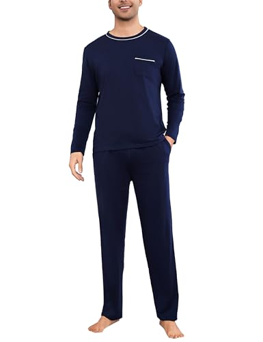 Litherday Schlafanzug Herren Lang Baumwolle Winter Pyjama Herren Zweiteiliger Langarm Shirt und Pyjamahose mit Tasche Nachtwäsche Männer von Litherday