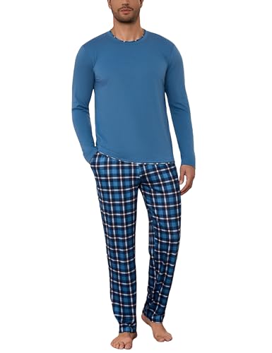 Litherday Schlafanzug Herren Lang Baumwolle Winter Pyjama Set Pyjamas Zweiteiliger Langarm mit Tasche Karierter und Pyjamahose für Männer von Litherday