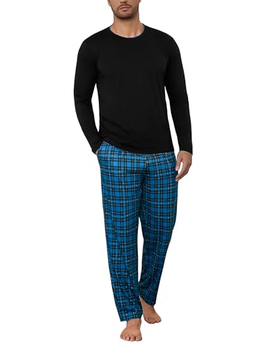 Litherday Schlafanzug Herren Lang Baumwolle Winter Pyjama Set Pyjamas Zweiteiliger Langarm mit Tasche Karierter und Pyjamahose für Männer von Litherday