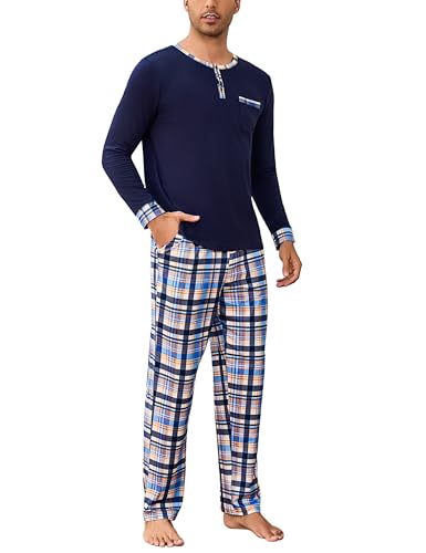 Litherday Schlafanzug Herren Lang Baumwolle Zweiteiliger Pyjama Set Männer für Winter mit Langarm Rundhals Oberteil & Schlafanzughose Kariert Dunkelblau M von Litherday
