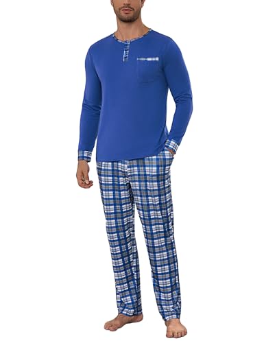 Litherday Schlafanzug Herren Lang Baumwolle Zweiteiliger Pyjama Set Männer für Winter mit Langarm Rundhals Oberteil & Schlafanzughose Kariert Königsblau M von Litherday