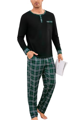 Litherday Schlafanzug Herren Lang Baumwolle Zweiteiliger Pyjama Set Männer für Winter mit Langarm Rundhals Oberteil & Schlafanzughose Kariert Schwarz L von Litherday