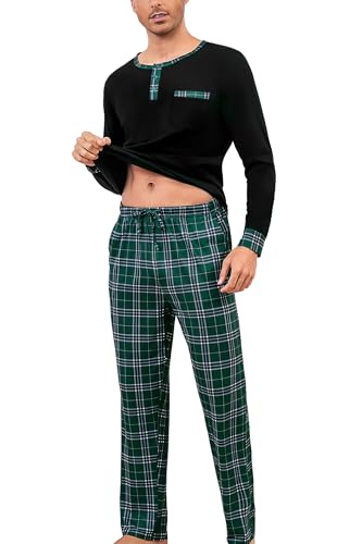 Litherday Schlafanzug Herren Lang Baumwolle Zweiteiliger Pyjama Set Männer für Winter mit Langarm Rundhals Oberteil & Schlafanzughose Kariert Schwarz M von Litherday