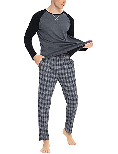 Litherday Schlafanzug Herren Lang Kariert Pyjamas Set mit Rundhals Nachtwäsche aus Baumwolle Winter Pyjama Zweiteiliger mit Taschen Sleepwear für Frühling Herbst von Litherday