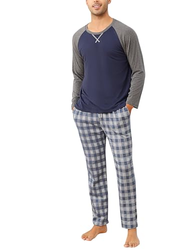 Litherday Schlafanzug Herren Lang Kariert Pyjamas Set mit Rundhals Nachtwäsche aus Baumwolle Winter Pyjama Zweiteiliger mit Taschen Sleepwear für Frühling Herbst von Litherday