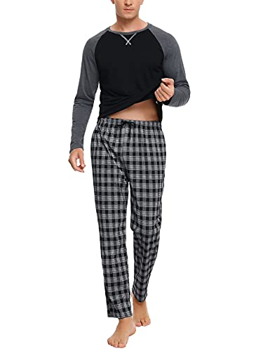 Litherday Schlafanzug Herren Lang Kariert Pyjamas Set mit Rundhals Nachtwäsche aus Baumwolle Winter Pyjama Zweiteiliger mit Taschen Sleepwear für Frühling Herbst, Schwarz, L von Litherday