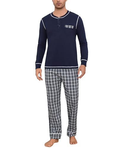 Litherday Schlafanzug Herren Lang Kariert Zweiteiliger Pyjamas Set mit Rundhals Nachtwäsche aus Baumwolle Winter Pyjama, Dunkelblau, S von Litherday
