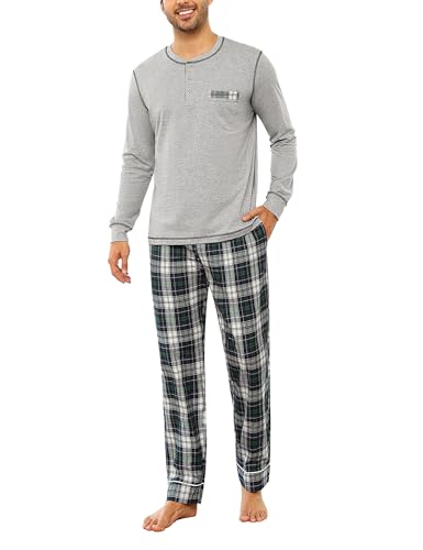 Litherday Schlafanzug Herren Lang Kariert Zweiteiliger Pyjamas Set mit Rundhals Nachtwäsche aus Baumwolle Winter Pyjama, Grau, S von Litherday