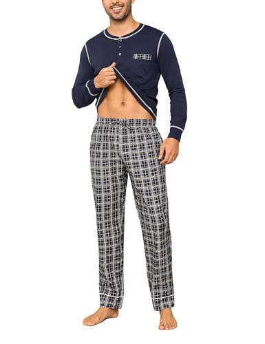 Litherday Schlafanzug Herren Lang Kariert Zweiteiliger Pyjamas Set mit Rundhals Nachtwäsche aus Baumwolle Winter Pyjama, Navy blau, 3XL von Litherday