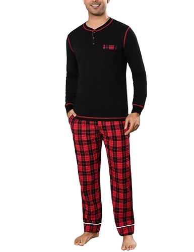 Litherday Schlafanzug Herren Lang Kariert Zweiteiliger Pyjamas Set mit Rundhals Nachtwäsche aus Baumwolle Winter Pyjama, Schwarz+rot, XXL von Litherday