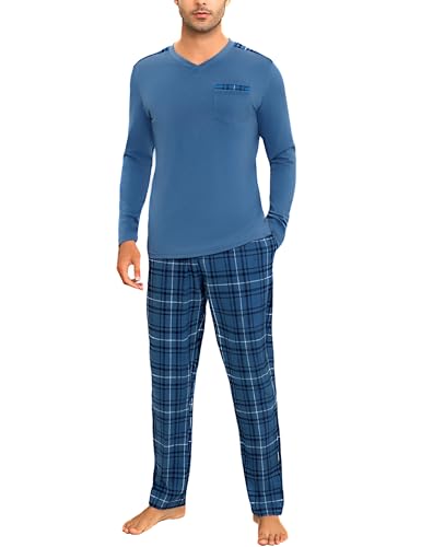Litherday Schlafanzug Herren Lang Pyjama Baumwolle Winter Kariert Zweiteiliger Langarm T-Shirt Pyjamahose Nachtwäsche für Männer von Litherday