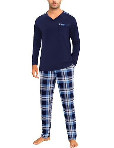 Litherday Schlafanzug Herren Lang Pyjama Baumwolle Winter Kariert Zweiteiliger Langarm T-Shirt Pyjamahose Nachtwäsche für Männer von Litherday
