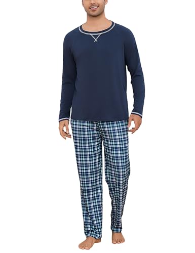 Litherday Schlafanzug Herren Lang Winter Baumwolle Zweiteiliger Nachtwäsche Set Männer Lang Rundhals mit Kariert Pyjamahose von Litherday