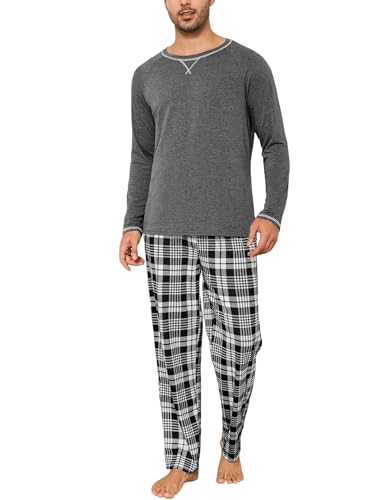 Litherday Schlafanzug Herren Lang Winter Baumwolle Zweiteiliger Nachtwäsche Set Männer Lang Rundhals mit Kariert Pyjamahose von Litherday
