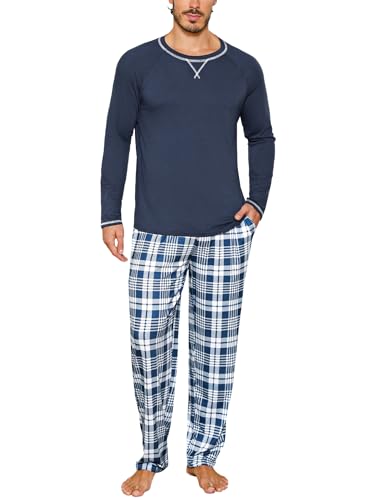 Litherday Schlafanzug Herren Lang Winter Baumwolle Zweiteiliger Nachtwäsche Set Männer Lang Rundhals mit Kariert Pyjamahose von Litherday