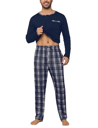 Litherday Schlafanzug Herren Lang Winter Kariert Zweiteiliger Nachtwäsche Set aus 95% Baumwolle Pyjamas Set mit Rundhals Schlafanzug mit Tasche von Litherday