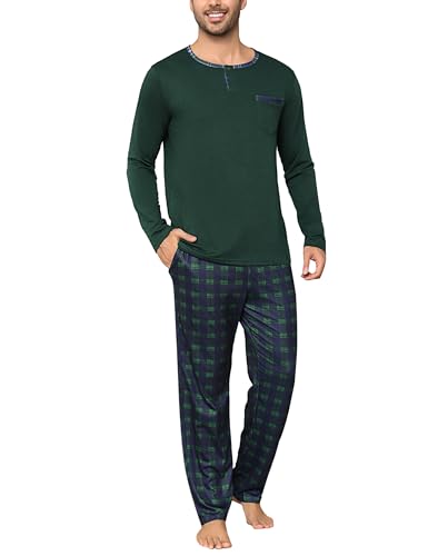 Litherday Schlafanzug Herren Lang Winter Kariert Zweiteiliger Nachtwäsche Set aus 95% Baumwolle Pyjamas Set mit Rundhals Schlafanzug mit Tasche von Litherday