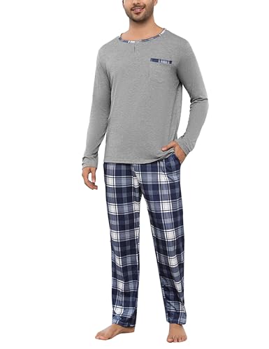 Litherday Schlafanzug Herren Lang Winter Kariert Zweiteiliger Nachtwäsche Set aus 95% Baumwolle Pyjamas Set mit Rundhals Schlafanzug mit Tasche von Litherday