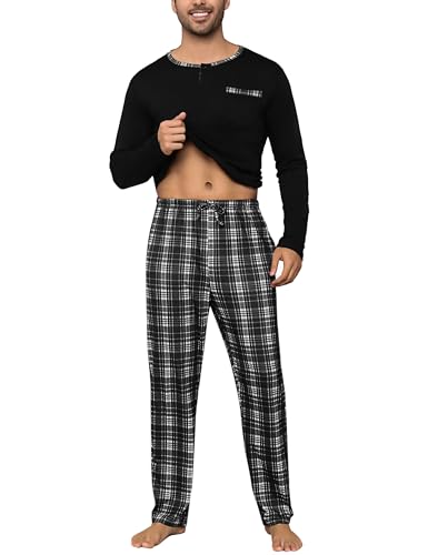 Litherday Schlafanzug Herren Lang Winter Kariert Zweiteiliger Nachtwäsche Set aus 95% Baumwolle Pyjamas Set mit Rundhals Schlafanzug mit Tasche von Litherday