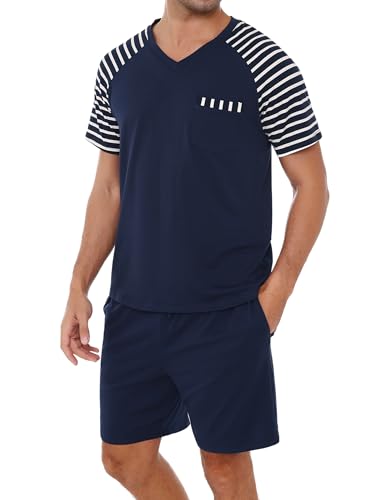 Litherday Schlafanzug Herren Pyjama Kurzarm Sommer Zweiteilige Nachtwäsche Kurz Baumwolle Shorty Schlafanzughose Männer mit Taschen Marineblau S von Litherday