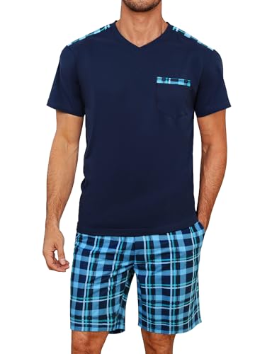 Litherday Schlafanzug Herren Kurz Sommer Baumwolle Shorty Pyjama Set Kurzarm Zweiteiliger V-Ausschnitt Schlafanzughose Jungen Nachtwäsche Marineblau L von Litherday