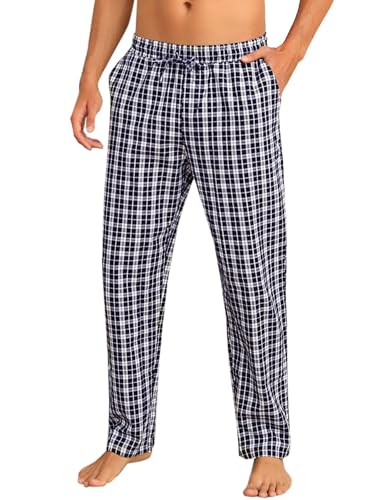 Litherday Schlafanzughose Herren Lang Kariert Pyjamahose 100% Baumwolle Nachtwäsche hose mit 2 Taschen, Blau+weiß, L von Litherday