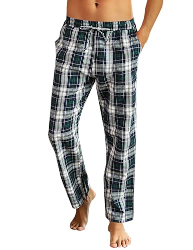 Litherday Schlafanzughose Herren Lang Kariert Pyjamahose 100% Baumwolle Nachtwäsche hose mit 2 Taschen, Blau+grün, XXL von Litherday