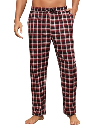 Litherday Schlafanzughose Herren Lang Kariert Pyjamahose 100% Baumwolle Nachtwäsche Hose mit 2 Taschen, Schwarz+rot+weiß, S von Litherday