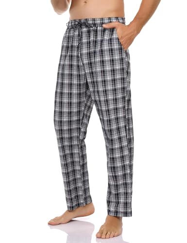 Litherday Schlafanzughose Herren Lang Kariert Pyjamahose 100% Baumwolle Nachtwäsche Hose mit 2 Taschen, Schwarz+weiß, XL von Litherday