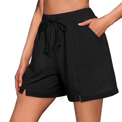 Litherday Shorts Damen Sommer Kurze Sporthose Damen Jogginghose mit Taschen Sportshorts Lässige kurz Running Shorts Gym Fitness Schwarz M von Litherday