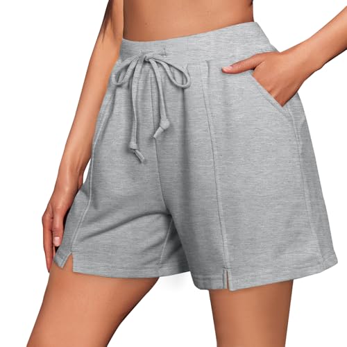 Litherday Shorts Damen Sommer Kurze Sporthose Damen Jogginghose mit Taschen Sportshorts Laufhose kurz Running Shorts Gym Fitness Grau L von Litherday
