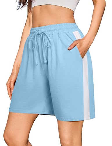 Litherday Shorts Damen Sommer Sporthose Kurz High Waist Bermuda Shorts Streifen Lose Jogginghose Sportshorts mit Taschen Himmelblau S von Litherday