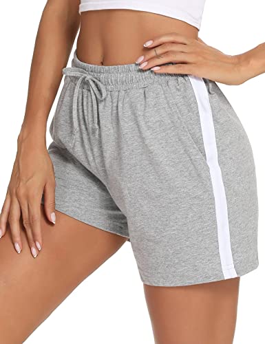 Litherday Shorts Damen Sportshorts Kurz Hosen Streifen Jogginghose Sommer Traininghose mit Taschen Elastischer Bund und Atmungsaktive Shorts zum Fitness, Running, Gym, Basketball, Hellgrau, L von Litherday