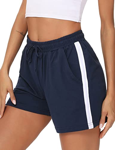 Litherday Shorts Damen Sportshorts Kurz Hosen Streifen Jogginghose Sommer Traininghose mit Taschen Elastischer Bund und Atmungsaktive Shorts zum Fitness, Running, Gym, Basketball, Navy blau, L von Litherday