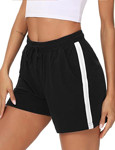 Litherday Shorts Damen Sportshorts Kurz Hosen Streifen Jogginghose Sommer Traininghose mit Taschen Elastischer Bund und Atmungsaktive Shorts zum Fitness, Running, Gym, Basketball, Schwarz, M von Litherday