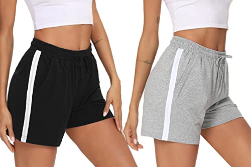 Litherday Shorts Damen Sportshorts Kurz Hosen Unifarbene Jogginghose Sommer Traininghose mit Elastischer Bund Taschen und Atmungsaktive Shorts zum Fitness, Running, Gym, Schwarz+hellgrau, S von Litherday