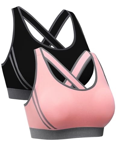 Litherday Sport BH Damen Sports Bra Gekreuzt Rücken BH Ohne Buegel Push up Yoga Bra Sport Bustier Damen Bustier BH für Fitness Running Jogging Gym Dancing, Schwarz+Rosa, L von Litherday