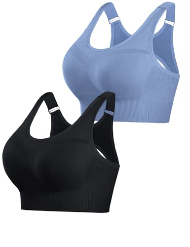Litherday Sport BH Damen Starker Halt Ohne Buegel mit Abnehmbar Gepolstert Verstellbar Träger Push Up Yoga Sports Bra für Fitness Lauf Jogging Schwarz+Dunst blau XL von Litherday