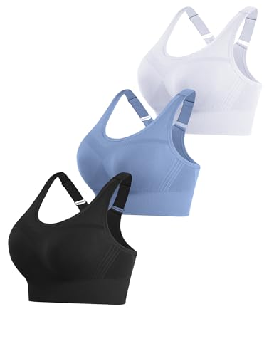 Litherday Sport BH Damen Starker Halt Push Up Sports Bra Sport Oberteile Ohne Buegel mit Abnehmbar Gepolstert für Fitness Jogging Yoga Schwarz+Weiß+Dunst blau XXL von Litherday