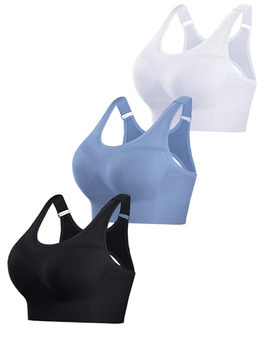 Litherday Sport BH Damen Starker Halt Push Up Yoga Sports Bra Ohne Buegel mit Abnehmbar Gepolstert Verstellbar Träger für Fitness Lauf Jogging Schwarz+Weiß+Dunst blau M von Litherday