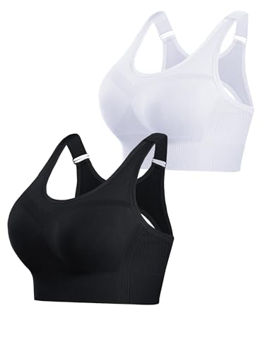 Litherday Sport BH Damen Starker Halt Push Up Yoga Sports Bra Ohne Buegel mit Abnehmbar Gepolstert Verstellbar Träger für Fitness Lauf Jogging Schwarz+Weiß S von Litherday