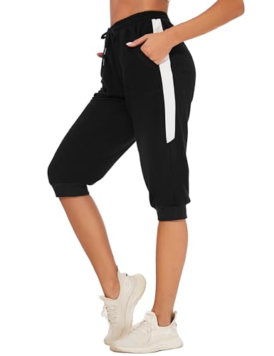 Litherday Sporthose Damen 3/4 Hose Damen Sommer High Waist Trainingshose Streifen Freizeit Capri Hose mit Tasche Schwarz XL von Litherday