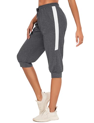 Litherday Sporthose Damen 3/4 Jogginghose Sommer High Waist Trainingshose Streifen Freizeit Sweathose mit Tasche Dunkelgrau M von Litherday
