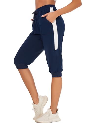 Litherday Sporthose Damen 3/4 Jogginghose Sommer High Waist Trainingshose Streifen Freizeit Sweathose mit Tasche Navy Blau M von Litherday