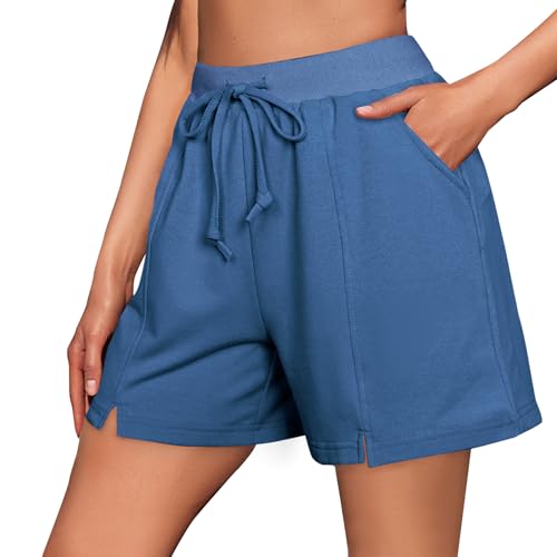 Litherday Sporthose Damen Kurz Shorts Kordelzug Sportshorts Bermuda Jogginghose mit Taschen Laufshorts für Running Gym Fitness Seeblau XXL von Litherday
