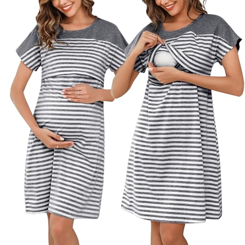 Litherday Stillnachthemd Damen Kurzarm Nachthemd Streifen Umstandskleid Nachtwäsche Baumwolle Nachtkleid Kurze Ärmel Rundhals Sleepwear für Schwangere oder Stillende, Dunkelgrau, XL von Litherday