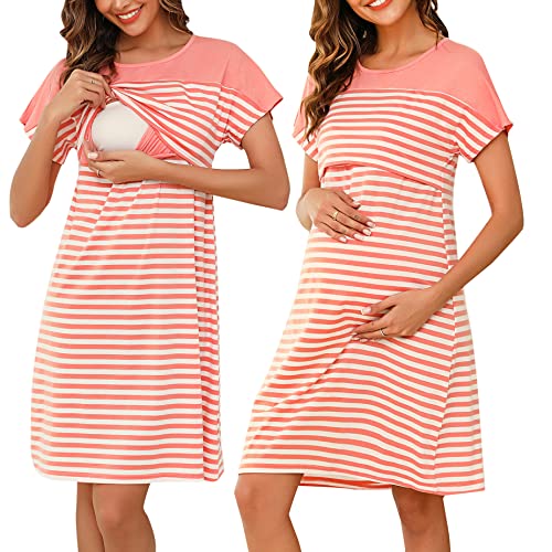 Litherday Stillnachthemd Damen Kurzarm Nachthemd Streifen Umstandskleid Nachtwäsche Baumwolle Nachtkleid Kurze Ärmel Rundhals Sleepwear für Schwangere oder Stillende, Rosa, S von Litherday