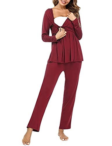 Litherday Stillpyjama Lang Umstandspyjama Langarm Zweifarbiger Baumwolle Stillzeit Nachtwäsche Stillfunktion Pyjama Set mit Elastischen Bundes und Tasche von Litherday